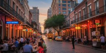 Vibrant city street with outdoor dining at night, showcasing US culinary trends.