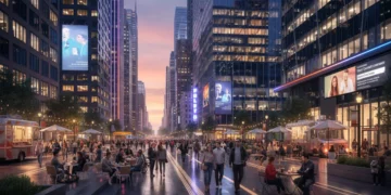Vibrant US city street life post-pandemic in 2026