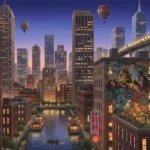Vibrant cityscape at dusk, showcasing unique architecture and cultural elements, inviting discovery.