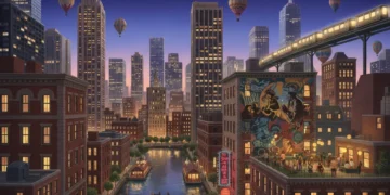 Vibrant cityscape at dusk, showcasing unique architecture and cultural elements, inviting discovery.