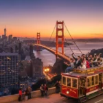 Vibrant US cityscape at dusk with diverse travelers exploring