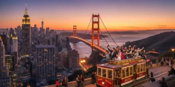 Vibrant US cityscape at dusk with diverse travelers exploring