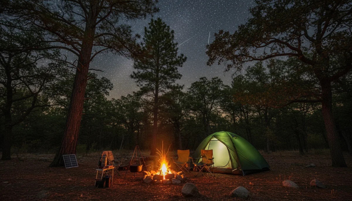 Off-grid wilderness campsite with campfire and starry sky